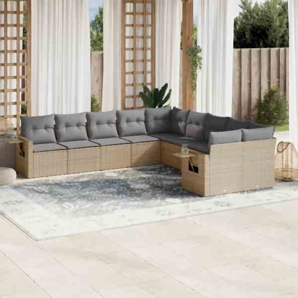 vidaXL 10-tlg. Garten-Sofagarnitur mit Kissen Beige Poly Rattan, UV-beständig, 3253046