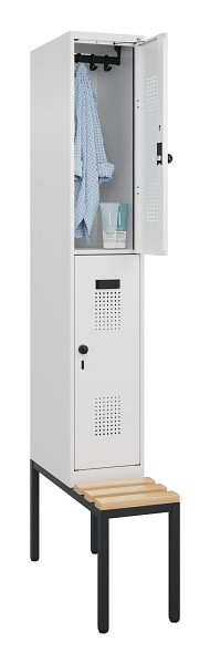 C+P Doppelstock-Spind Evolo PLUS, Bank, 2 Fächer, 2120x300x815mm, 9016/9016, Drehriegel, Sitzfläche Buche-Hartholz, Sitzbank, 0493507-10 S10020