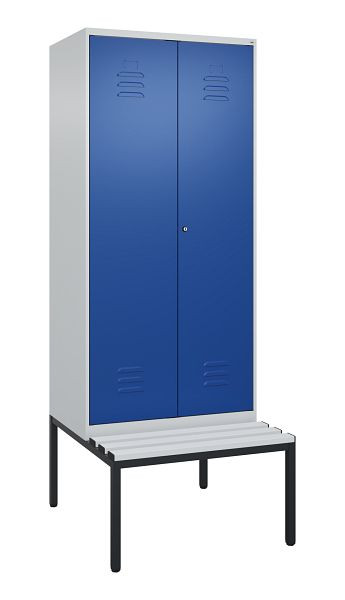 C+P Umkleidespind Classic PLUS SW, 2 Abteile, 2120x800x815mm, 7035/5010, Zylinderschloss, mit untergebauter Sitzbank, 0800527-22 S10018
