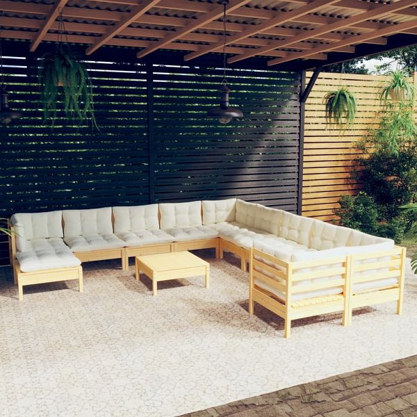 vidaXL 12-teilig Garten-Lounge-Set mit Creme Kissen Kiefernholz, 3097061