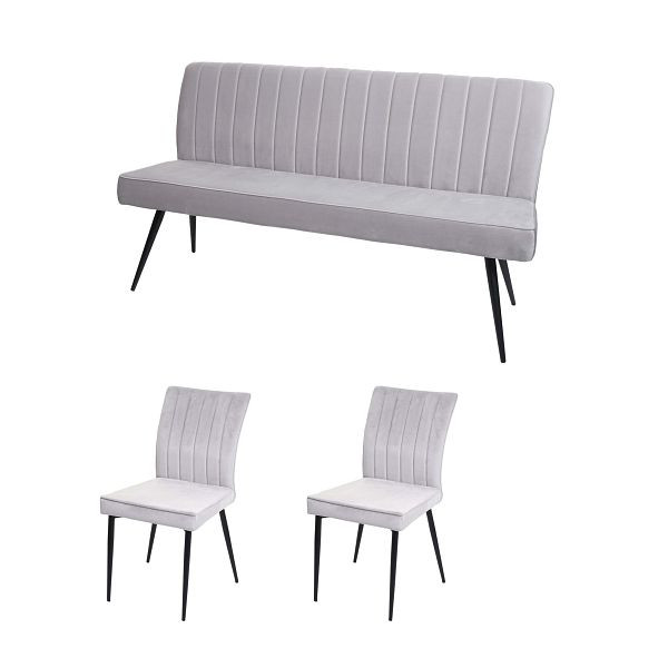 Mendler Esszimmer-Set HWC-K16, 2er-Set Stuhl+Sitzbank Esszimmergruppe Sitzgruppe Esszimmergarnitur, Samt Metall, hellgrau, 89320+89322+89481