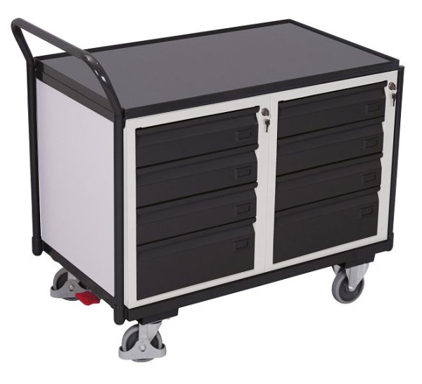 VARIOfit Werkstattwagen mit 1 Ladefläche, Außenmaße: 1.125 x 625 x 1.010 mm, RAL 7016 anthrazitgrau, mit je 4 rollengelagerten Schubladen, sw-600.608/AG