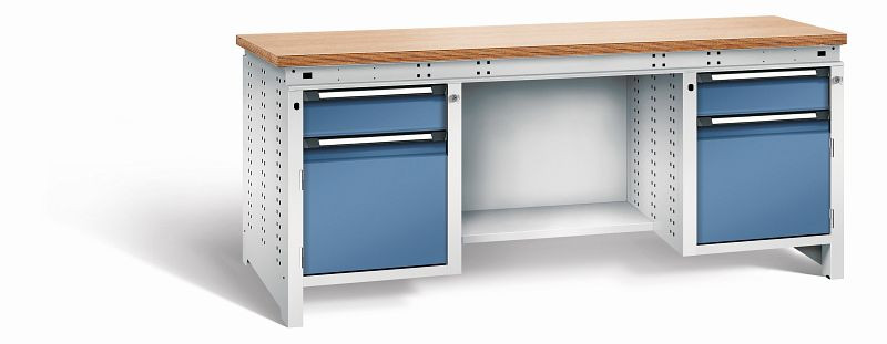 Otto Kind Werkbank Serie function Typ 305, Multiplexplatte 40 mm, bündig, 2x Unterbau + mittleres Feld, Gehäuse RAL 7035, Front RAL 5023, 072360164