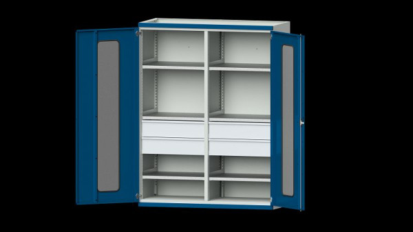 ANKE Werkbänke Schwerlastschrank, Modell 402, 1485 x 630 x 1950 mm, Sichtausschnitt aus Plexiglas, RAL 7035/5010, 620.292