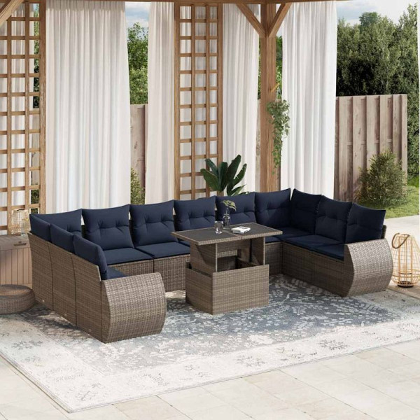 vidaXL 11-teiliges Gartensofa-Set mit Kissen, grau, Polyrattan, 3268781