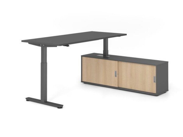 Hammerbacher Schreibtisch XMST19, 180x80cm, Platte: Graphit, T-Fuß Gestell Graphit, Höhe: 71 - 120 cm, Graphit / Eiche, VXMST19SB/G/G/G/E