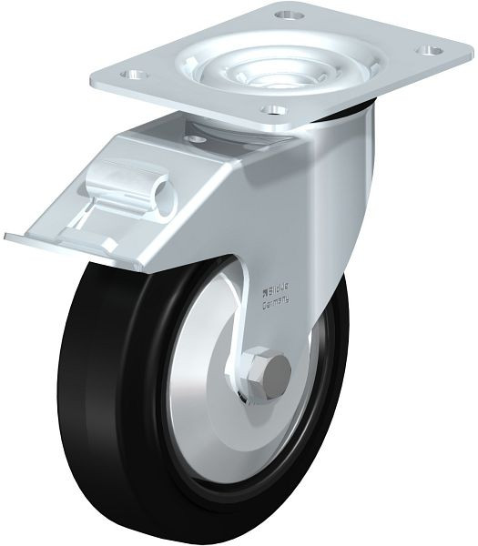 Blickle LE-POEV 160XKA-FI-FA Stahlblech-Lenkrolle mit Anschraubplatte & Feststeller, Elastik-Vollgummi, Schwarz, 850216