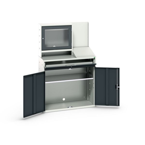 bott verso Computerschrank mit Bildschrimfach, mit Hängeschrank, 1 Fachboden, 1 Tablar, BxTxH: 1050 x 550 x 1650 mm, Lichtgrau / Anthrazitgrau, 16928022.19