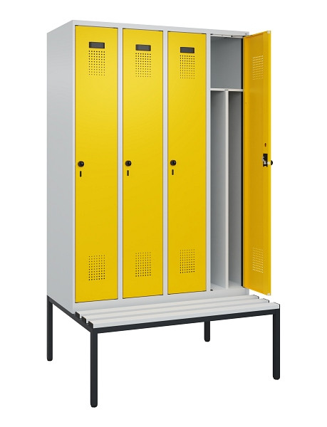 C+P Spind Evolo PLUS, 4 Abteile, 2120x1200x815mm, 7035/1023, Haken 4, Drehriegel, Sitzfläche Kunststoff, Sitzbank, 0490507-40F S10055