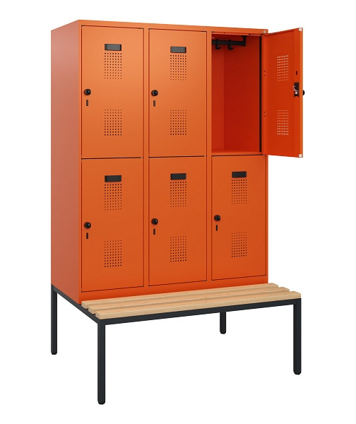 C+P Doppelstöckiger Spind Evolo PLUS, Bank, 6 Fächer, 1950x1200x815mm, 2004/2004, Drehriegel, Sitzfläche Buche-Hartholz, Sitzbank, 0493505-32 S10030