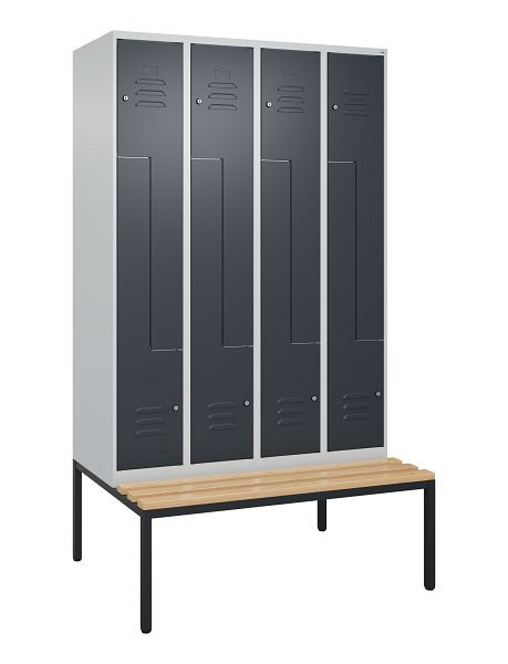 C+P Z-Spind Classic PLUS, mit untergebauter Sitzbank, 8 Abteile, 2120x1200x815mm, 7035/7016, Zylinderschlösser, Buche-Sitzleisten, 0800537-408 S10023
