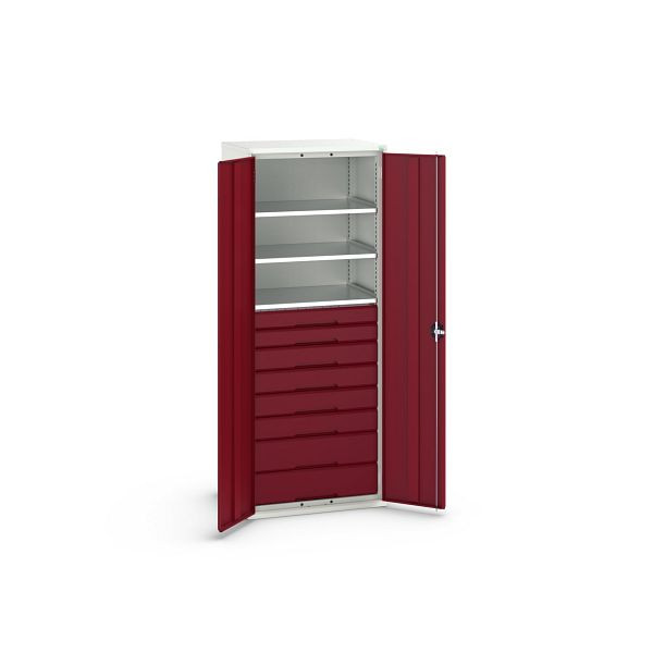 bott verso Flügeltürschrank mit Schubladen, mit 3 Fachböden und 8 Schubladen, BxTxH: 800 x 550 x 2000 mm, Lichtgrau / Purpurrot, 16926458.24