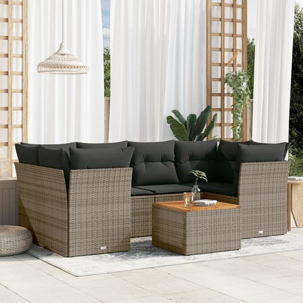 vidaXL 7-teilig Garten-Sofagarnitur mit Kissen Grau Poly Rattan, 3255829