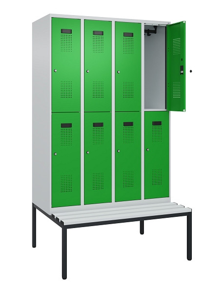 C+P Doppelstock-Spind Evolo PLUS, Bank, 8 Fächer, 2120x1200x815mm, 7035/6037, Zylinderschloss, Sitzfläche Kunststoff, Sitzbank, 0493507-40 S10119