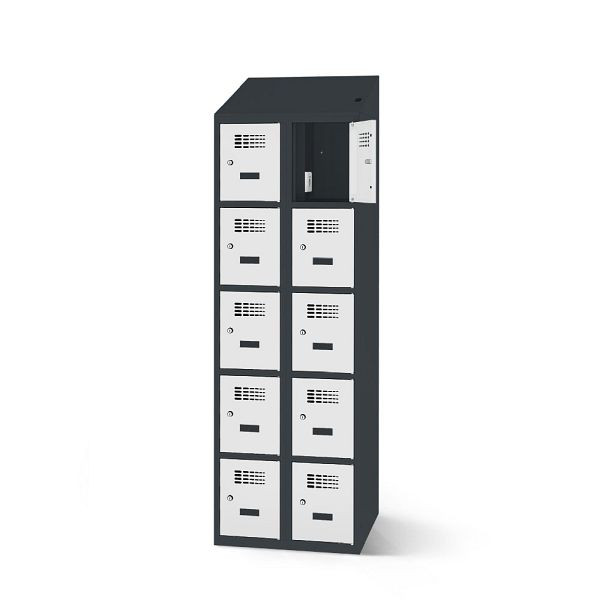 Rotstahl Fächerschrank, 10 Fächer, Stollenfüße, mit Ladefunktion, Schrägdach, Korpus: anthrazitgrau, Türen: lichtgrau, 2180-020500-0802112-7016-7035