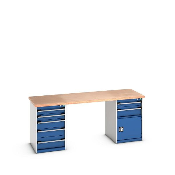 bott cubio Werkbank mit 2 Schubladenschränken 7 Schubladen, 1 Tür, Multiplex-Platte, BxTxH: 2000x750x840mm, Multiplex RAL 7035/5010, 41003241.11V
