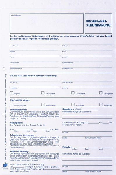 Eichner Formular "Probefahrtvereinbarung", VE: 25 Stück, 9036-00164