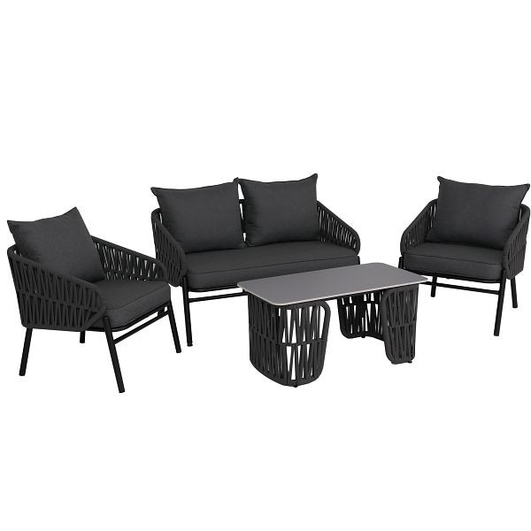 Mendler Gartengarnitur HWC-P90, Lounge-Set Gartenlounge Sofa Sessel Tisch, Seilgeflecht Rope Stoff/Textil (180g/m²), anthrazit, 2x120218+120222+120226