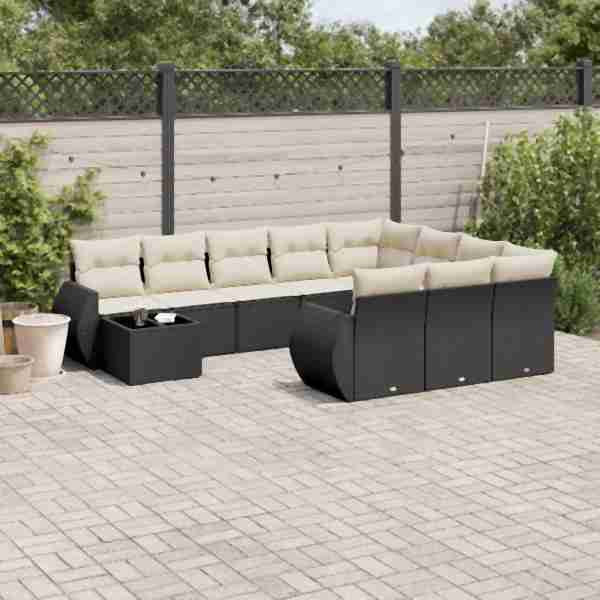 vidaXL 11-tlg. Garten-Sofagarnitur mit Kissen Schwarz Poly Rattan, UV-beständig, 3221925