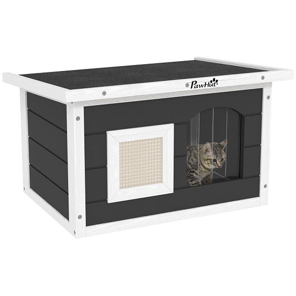 PawHut Katzenhaus, Rückzugsort für Katzen und Kaninchen, Holzhaus mit Kratzmatte, Türklappe, 61 x 45 x 36,5 cm, D30-879V00GY