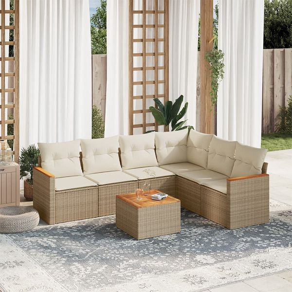 vidaXL 7-teilig Garten-Sofagarnitur mit Kissen Beige Poly Rattan, 3258411