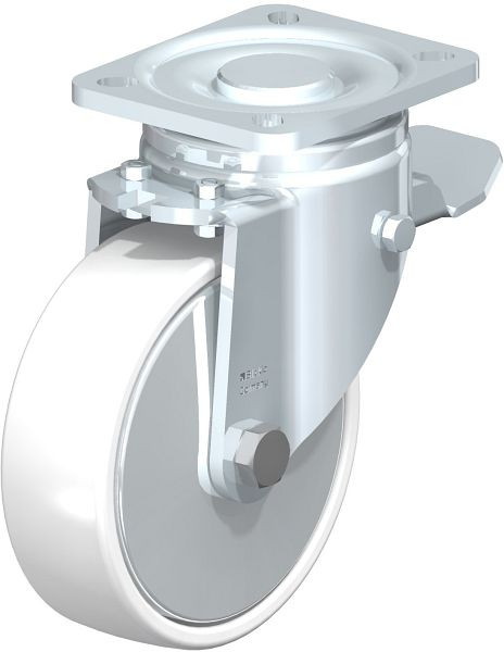 Blickle LH-PO 125K-1-ST-FA Stahlblech-Lenkrolle, Schwerlast-Ausführung, mit Anschraubplatte & Feststeller, Polyamid, Weiß, 750006