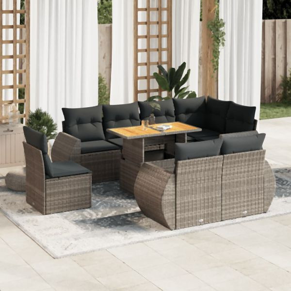 vidaXL 9-tlg. Garten-Sofagarnitur mit Kissen Grau Poly Rattan, 3327280