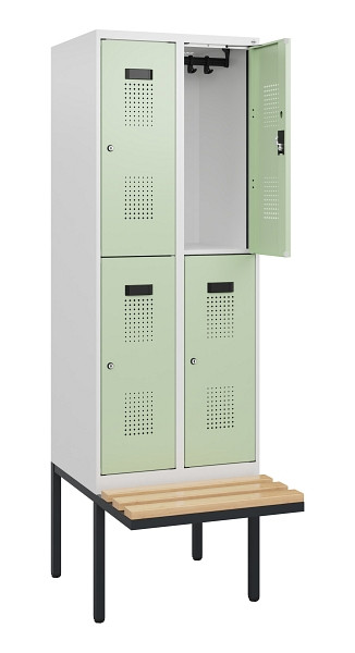 C+P Doppelstock-Spind Evolo PLUS, Bank, 4 Fächer, 1950x600x815mm, 9016/6019, Zylinderschloss, Sitzfläche Buche-Hartholz, 0493405-20 S10051