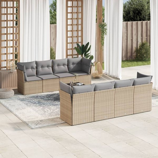 vidaXL 9-teilig Garten-Sofagarnitur mit Kissen Beige Poly Rattan, 3217309