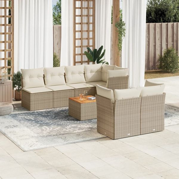 vidaXL 8-teilig Garten-Sofagarnitur mit Kissen Beige Poly Rattan, 3255848