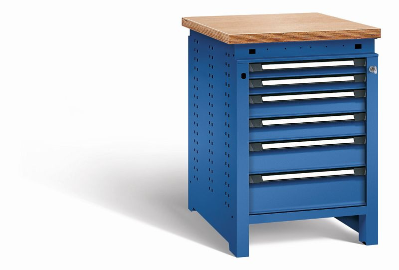 Otto Kind Werkbank Serie function Typ 110, Multiplexplatte, bündig, 6 Schubladen, mit Zentralverschluss, komplett RAL 5010, 072327113