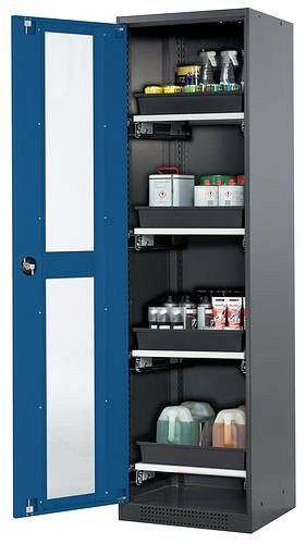 asecos Chemikalienschrank Systema-T CS-54LG, Korpus anthrazit, Flügeltüren blau, 4 Tablarauszüge, 208909
