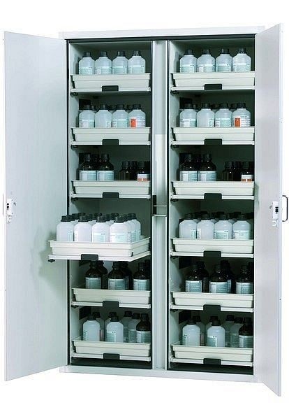 asecos Säuren- und Laugenschrank SL-CLASSIC Modell SL.196.120.MV in lichtgrau RAL 7035 mit 12x Tablarauszug AbZ (FP-Platte/Polypropylen), 30606-001-30608