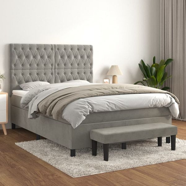 vidaXL Boxspringbett mit Matratze Hellgrau 140x190 cm Samt, 3138019