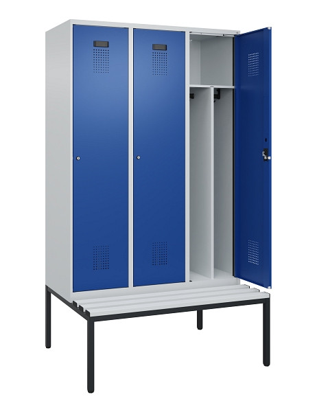 C+P Spind Evolo PLUS, 3 Abteile, 2120x1200x815mm, 7035/5010, Haken 4, Zylinderschloss, Sitzfläche Kunststoff, Sitzbank, Trennwand, 0490507-32F S10087