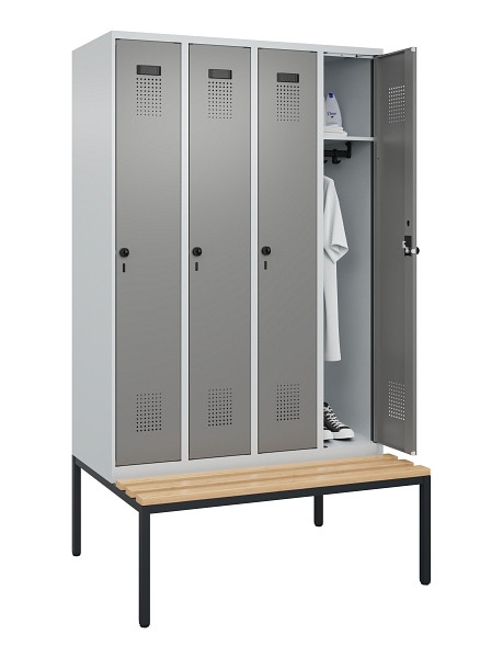 C+P Spind Evolo PLUS, 4 Abteile, 2120x1200x815mm, 7035/0004, Haken 3, Drehriegel, Sitzfläche Buche-Hartholz, Sitzbank, 0490507-40 S10014