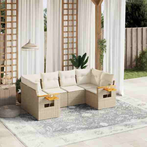 vidaXL 6-tlg. Garten-Sofagarnitur mit Kissen Beige Poly Rattan, UV-beständig, 3259503