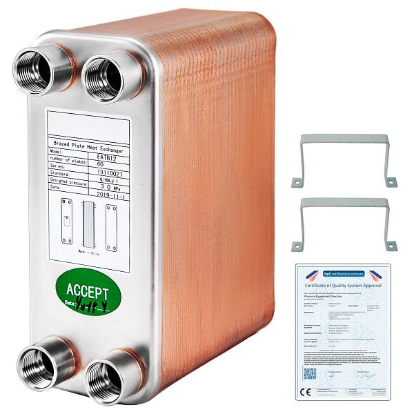 VEVOR B12-60 Plattenwärmetauscher Wärmetauscher Wärmeüberträger 316 Edelstahl, BSHRQ1260FB12G601V0