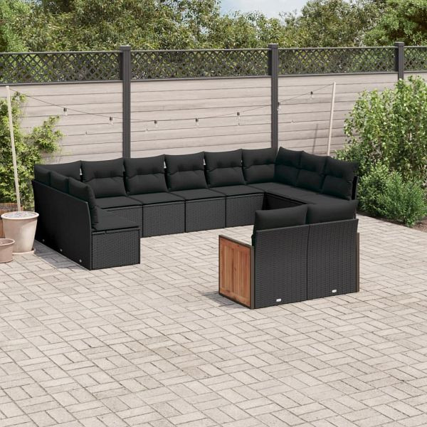 vidaXL 12-tlg. Garten-Sofagarnitur mit Kissen Schwarz Poly Rattan, 3228120