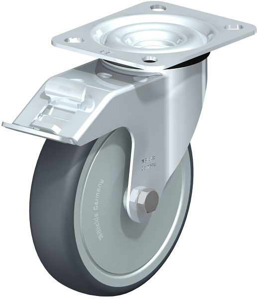 Blickle LE-TPA 127KD-FI-FK Stahlblech-Lenkrolle mit Anschraubplatte & Feststeller, Thermoplastisches Gummi-Elastomer, Grau, 673616