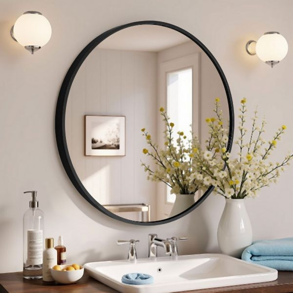 HOME NATURE WOHNKONZEPT 60CM Rund Wandspiegel Schwarz, Hochauflösender Aluminium Schminkspiegel für Badezimmer & Schlafzimmer, HN0065