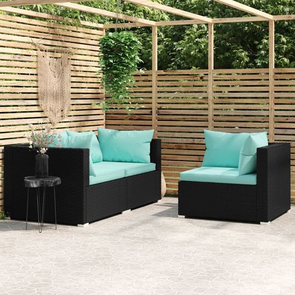 vidaXL 3-teilig Garten-Lounge-Set mit Kissen Schwarz Poly Rattan, 317538