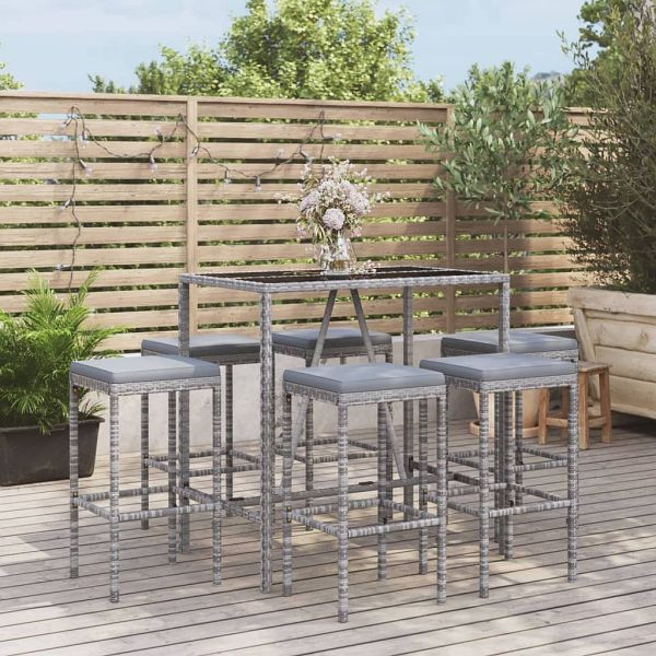 vidaXL 7-tlg. Gartenbar-Set mit Kissen Grau Poly Rattan, 3187636