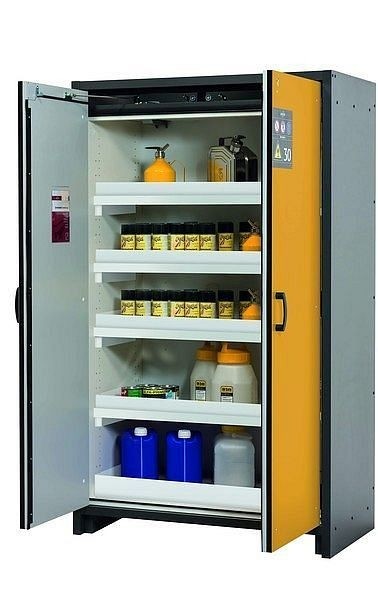 asecos Sicherheitsschrank Q-CLASSIC-30, Q30.195.116 in sicherheitsgelb RAL 1004 mit 4x Wannenboden Standard (Polypropylen), 31003-060-30014