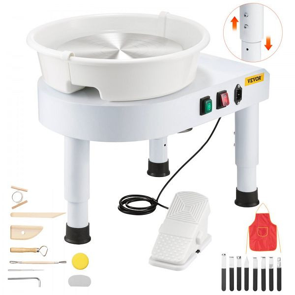 VEVOR Töpferscheibe 28 cm, 60–300 U/min, Fußpedal, abnehmbares Becken, Hubfuß, Zubehör, Weiß, PDSLPJ28CMBSRQ5F9002V2