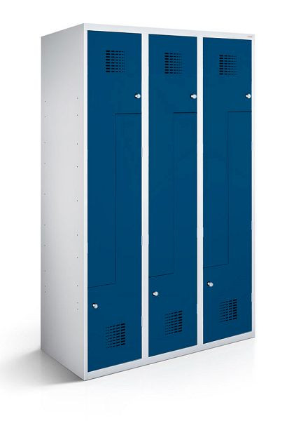 KEMMLIT Z-Spind mit 3 Abteilen und 6 Türen 40cm mit geschlossenem Sockel, Enzianblau 5010, Drehriegel, 100182
