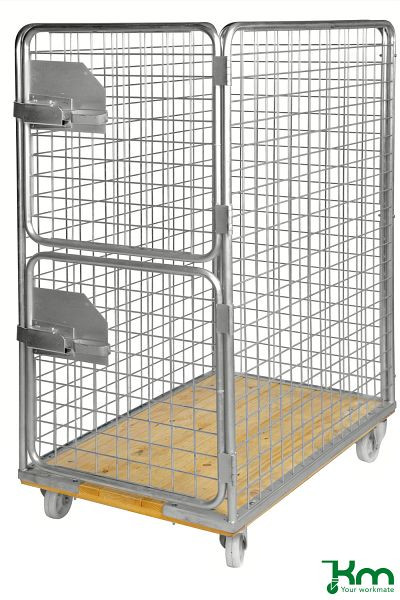 Kongamek Rollcontainer mit Holzboden, 2 Lenk- und 2 Bockrollen mit Bremsen, 1200 x 750 x 1700 mm, Maschenweite 65 x 65 mm, KM80B