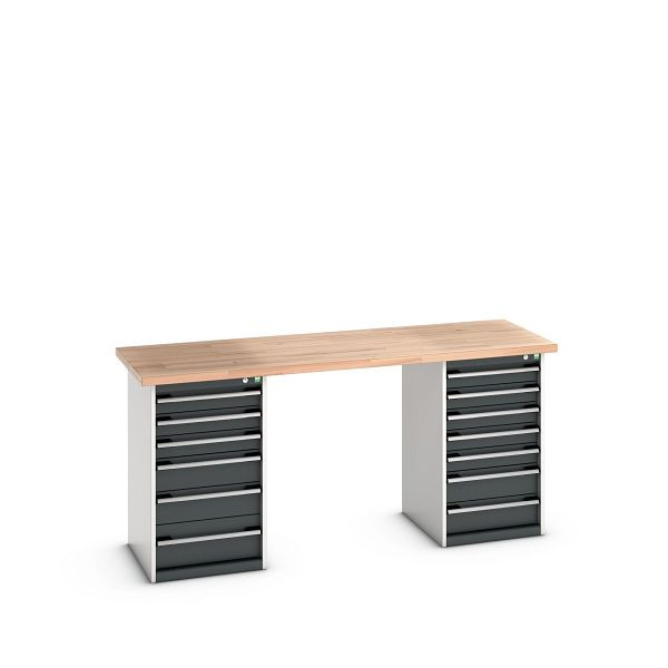 bott cubio Werkbank mit 2 Schubladenschränken 13 Schubladen, Rotbuche-Platte, BxTxH: 2000x750x940mm, Rotbuche RAL 7035/7016, 41003518.19V