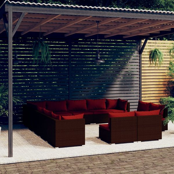 vidaXL 13-teilig Garten-Lounge-Set mit Kissen Braun Poly Rattan, 3102859