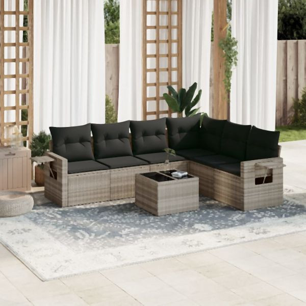 vidaXL 7-tlg. Garten-Sofagarnitur mit Kissen Hellgrau Poly Rattan, 3220221